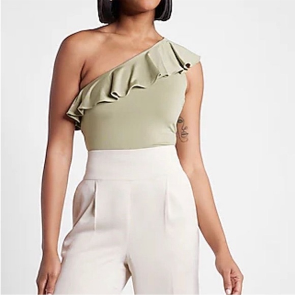 Express Tops - Express Sage Green One Shoulder Ruffle Body Contour Top NWT M
